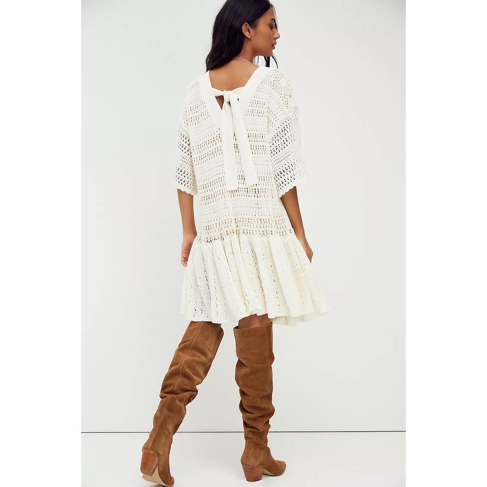 Free People Sistine Dress Womens L Crochet Boho‎ Festival Western Ivory Tie Back - Picture 2 of 8